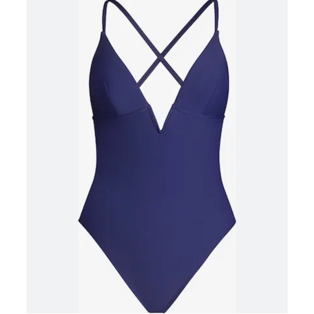Cupshe Women Navy Blue Deep V-One Piece Swimsuit High- cut Size M Cut